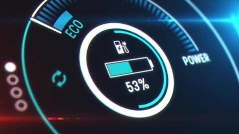 Digitale Anzeige eines Elektroautos mit 53 Prozent Batterieladung im Eco-Modus