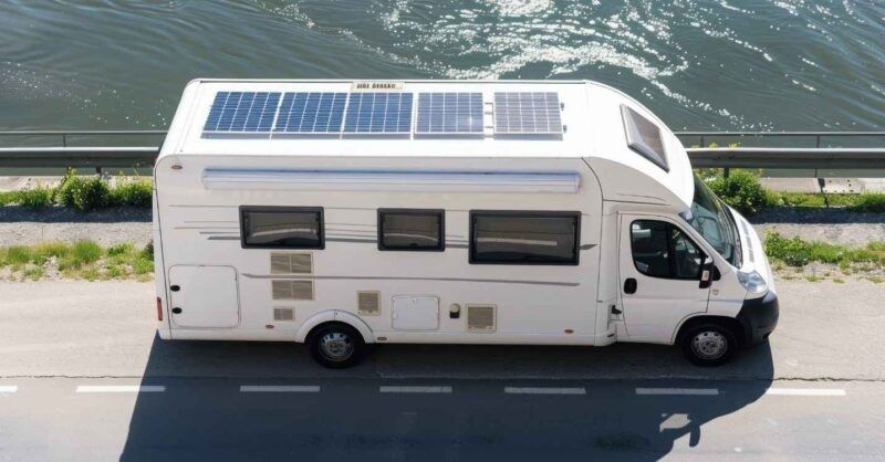 Wohnmobil mit mehreren Solarpaneelen auf dem Dach neben einem Gewässer